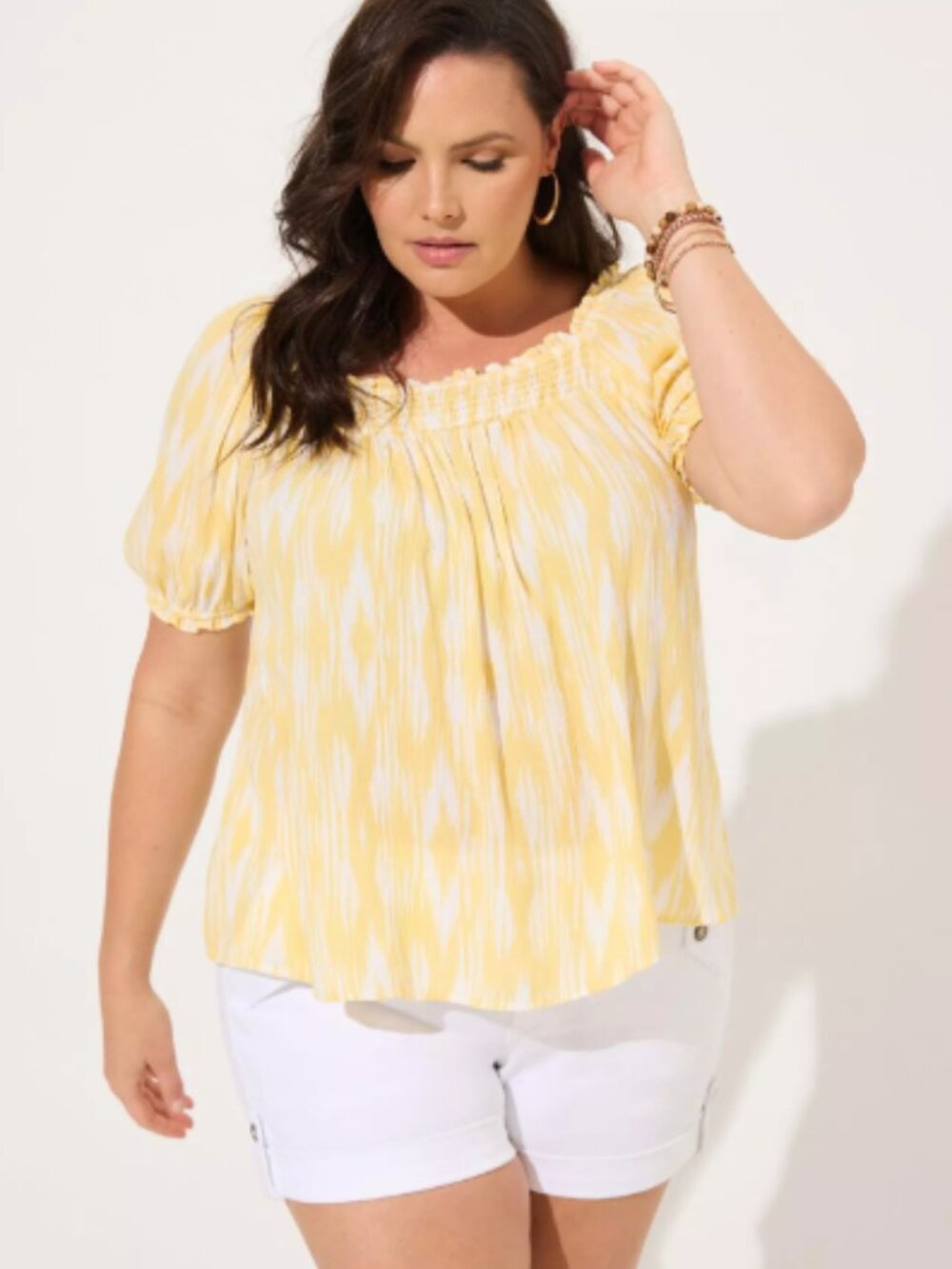 Torrid Washable Gauze Smocked Yoke Top in Ikat yellow